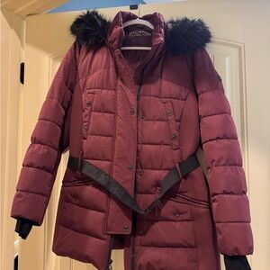 Michael Kors Women's Maroon Puffer Coat with Faux Fur Trim